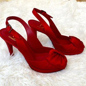 Delman Red Satin Peep Toe Slingback Heels